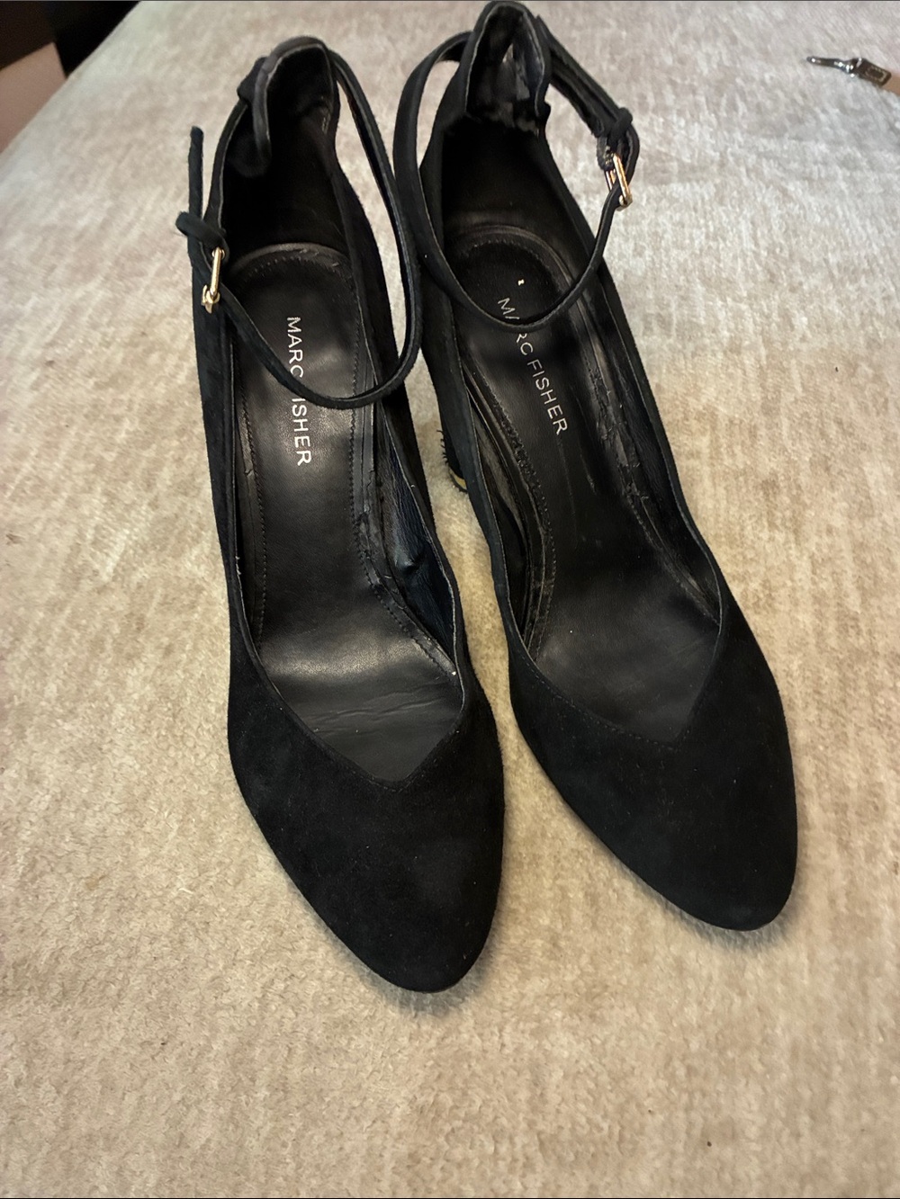 Marc‎ Fisher Black Suede Pointed-Toe Ankle-Strap Heels